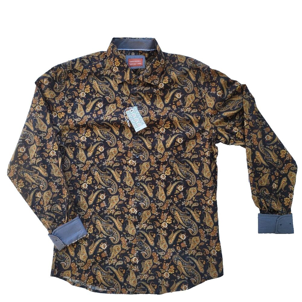 Men's Consequence Paisley Print Long Sleeve Button Up Black And Gold L